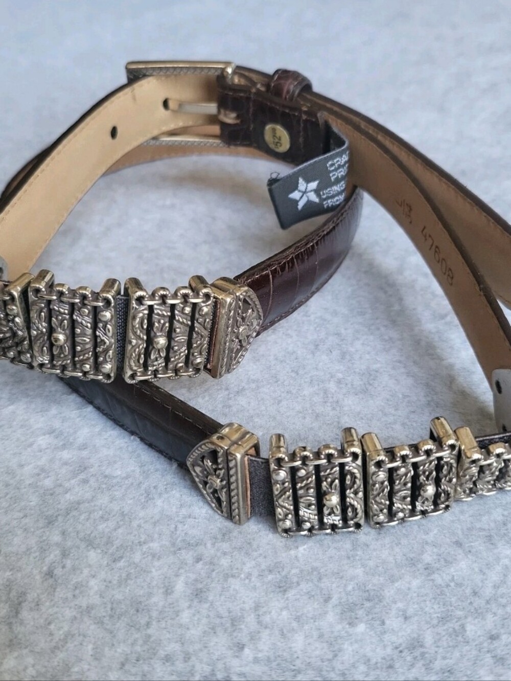 Vtg Brighton Western Belt Womens L/34 Brown Leather Croc Embossed Stretch USA